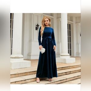 Dark Blue Velvet Long Sleeve Maxi Dress Elegant Round Neck Winter A Line